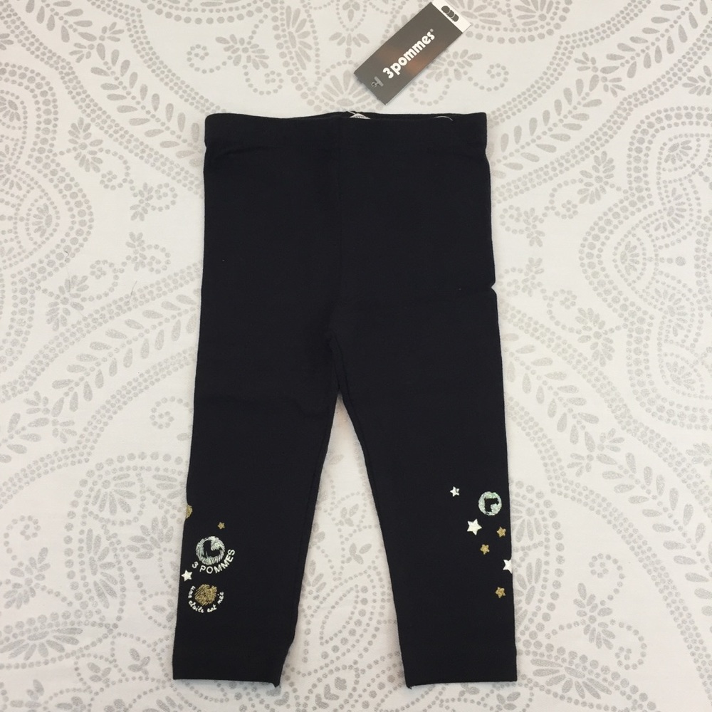 NWT 3Pommes Black Leggings Glitter Stars 6-9 Mths